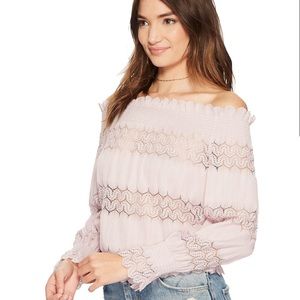 J.O.A. Lace-Striped Smocked-Hem Top